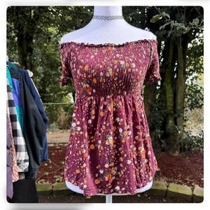 No Boundaries Burgundy Floral Off-Shoulder Blouse